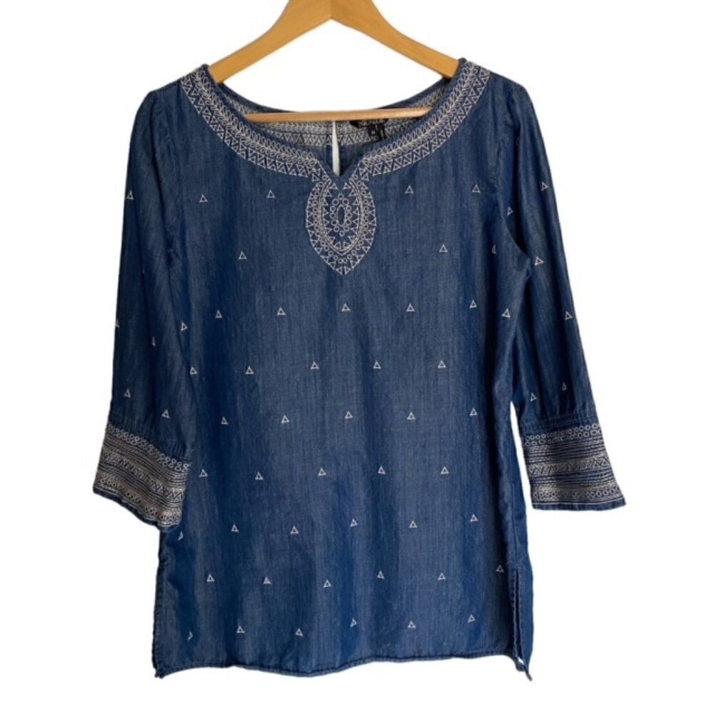 Nic+Zoe Blue & White Embroidered Tunic Top Small